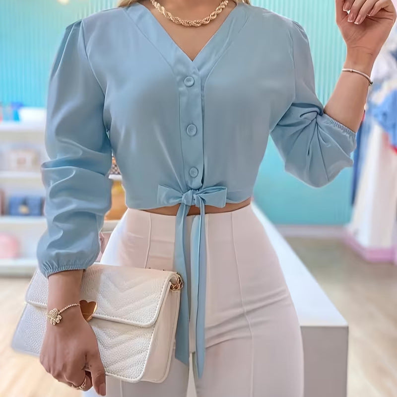 Long-sleeve Lace-up Casual Minimalist Cropped Blouse With Puff Sleeves – Premium 0 | RICALOUX