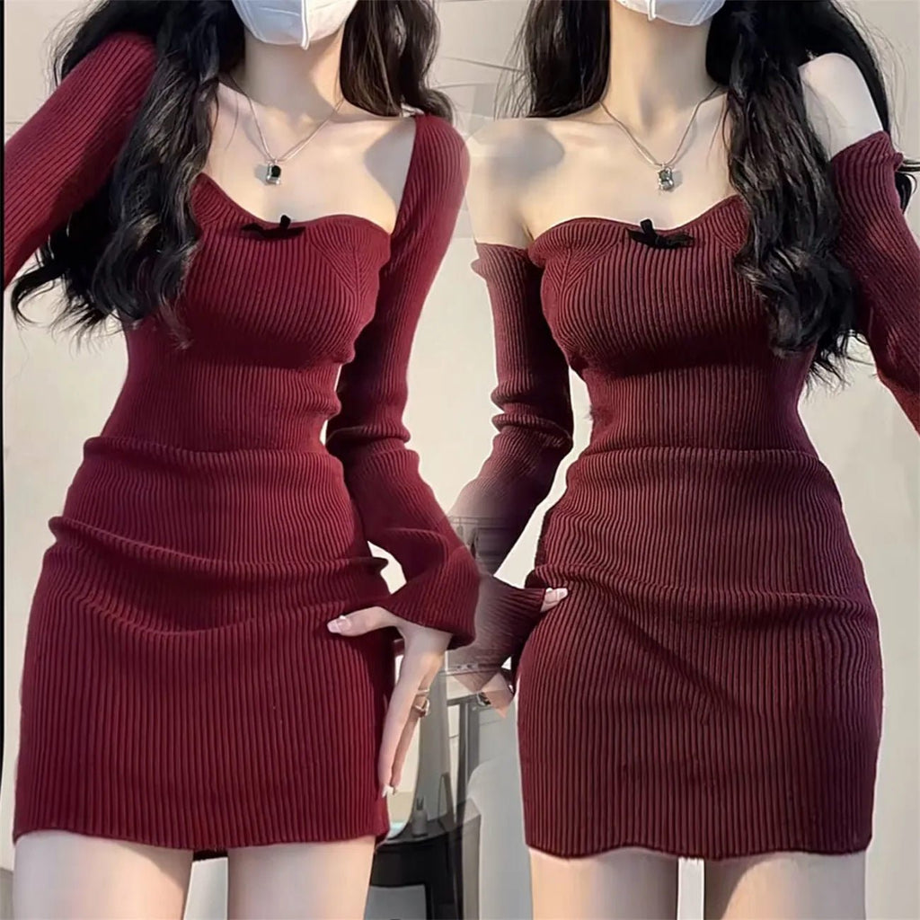 Square Neck Knitted Dress Women's Inner Sleeve Slim - RICALOUX