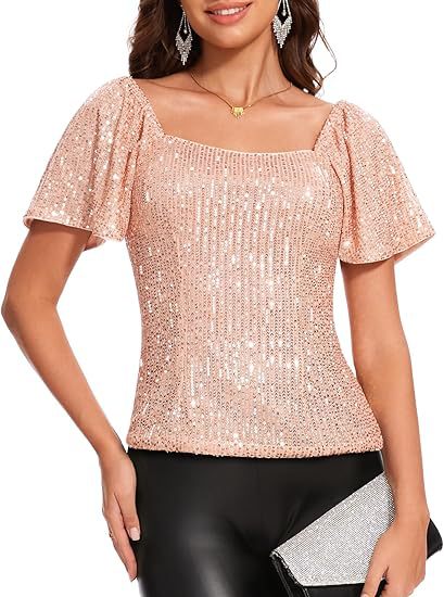 Womens Fashionable Square-neck Short-sleeve Sequin Puffed Sleeves – Premium 0 | RICALOUX