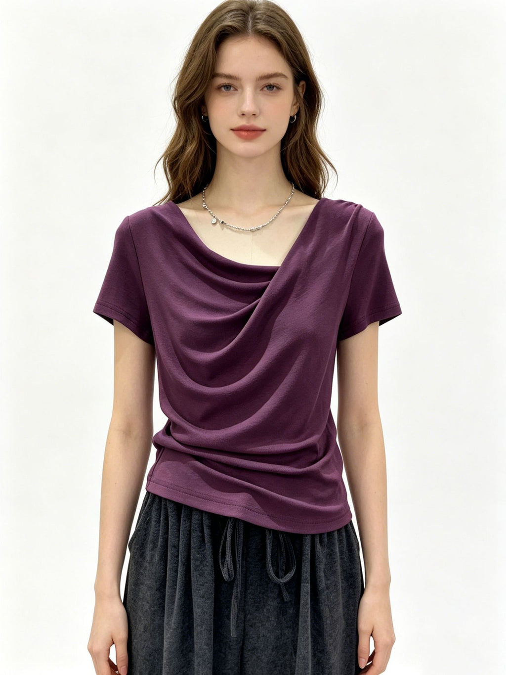 Design-focused Asymmetrical Boat-neck Short-sleeve T-shirt For Women – Premium 0 | RICALOUX