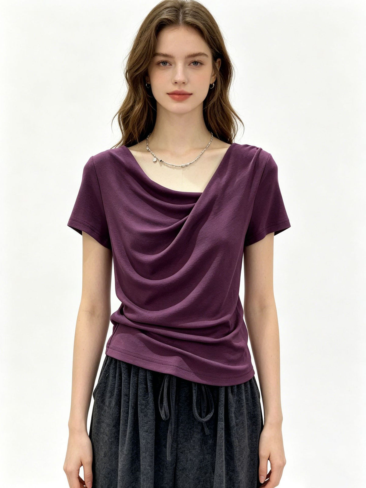 Design-focused Asymmetrical Boat-neck Short-sleeve T-shirt For Women – Premium 0 | RICALOUX