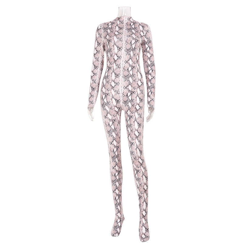 Womens Long-Sleeve Bodysuit With European And American Snake-Print Mesh And Floral Print by Ricaloux