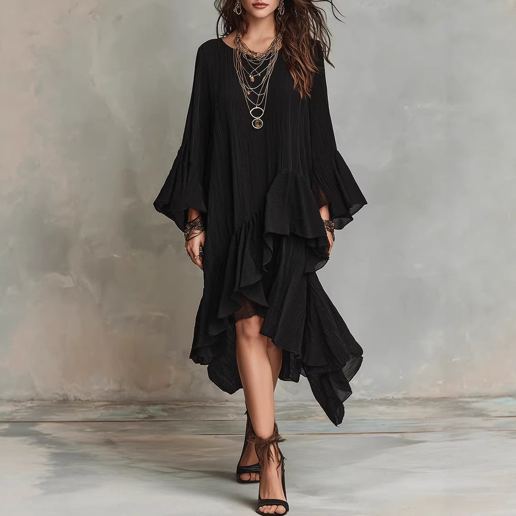 Womens Solid-color Elegant Asymmetrical Ruffled Dress by Ricaloux