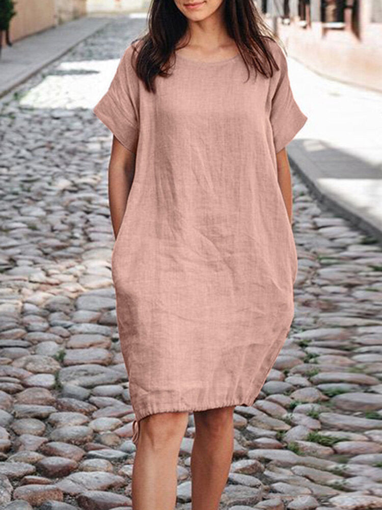 Casual Womens Solid-color Loose-fit Short-sleeve Cotton-linen Dress by Ricaloux