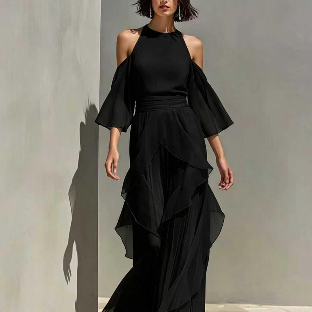 Womens Chiffon Blouse And Flare-sleeve Straight-leg Pants Set by Ricaloux