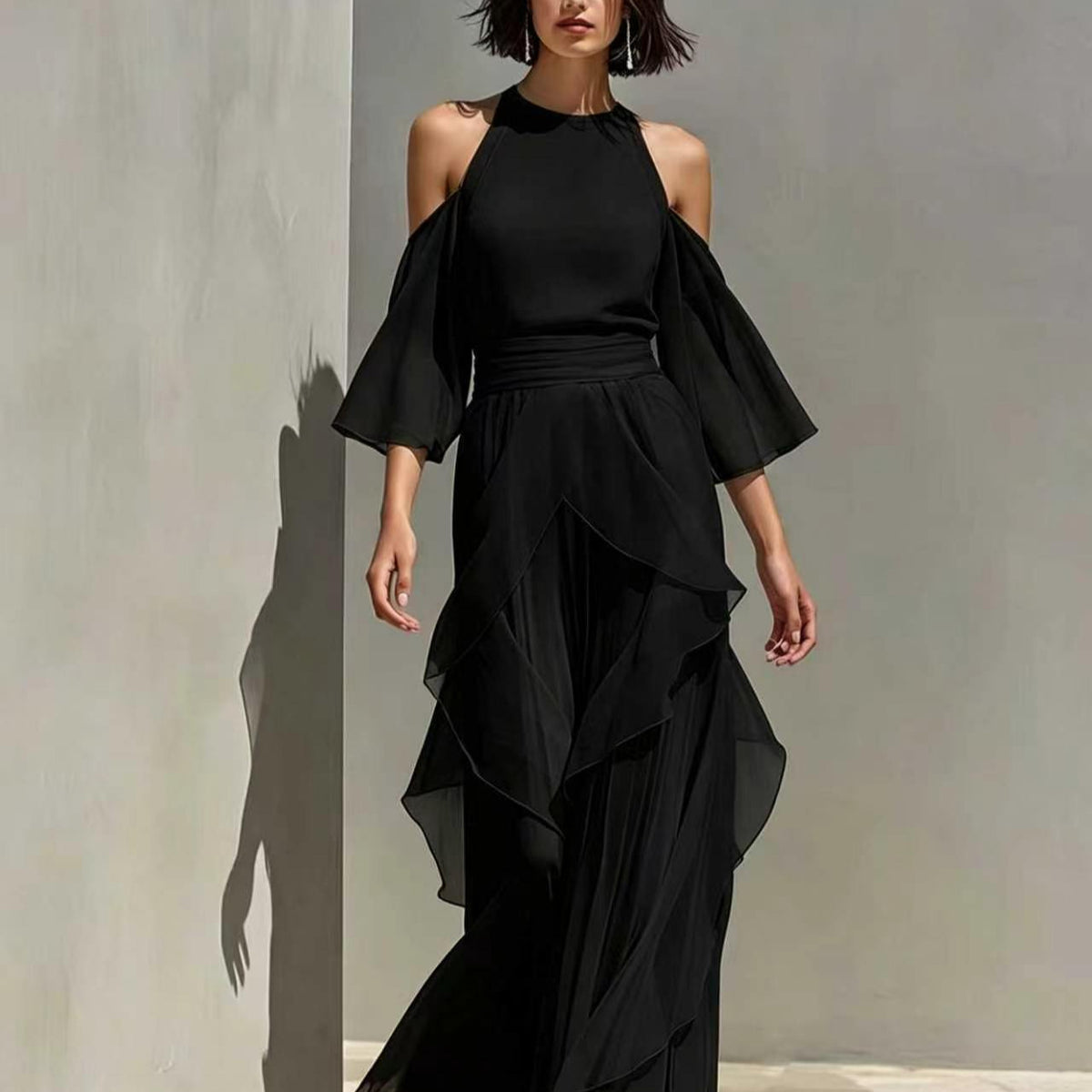 Womens Chiffon Blouse And Flare-sleeve Straight-leg Pants Set by Ricaloux