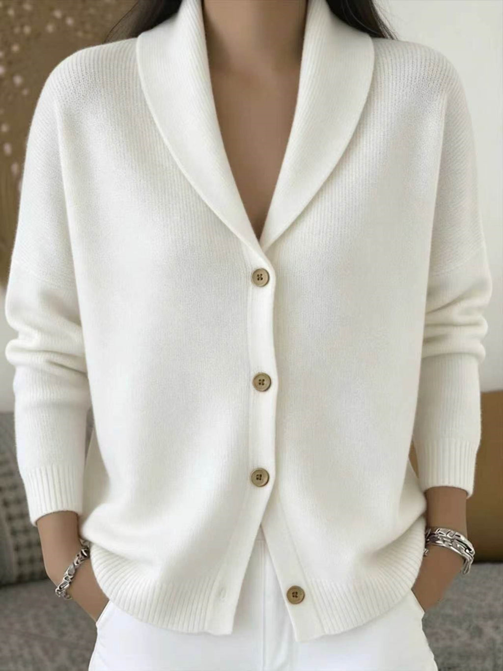Womens Knitted Cardigan Loose-Fit Lazy Style Soft And Cozy Notch Lapel Solid Color Long-Sleeve Sweater by Ricaloux