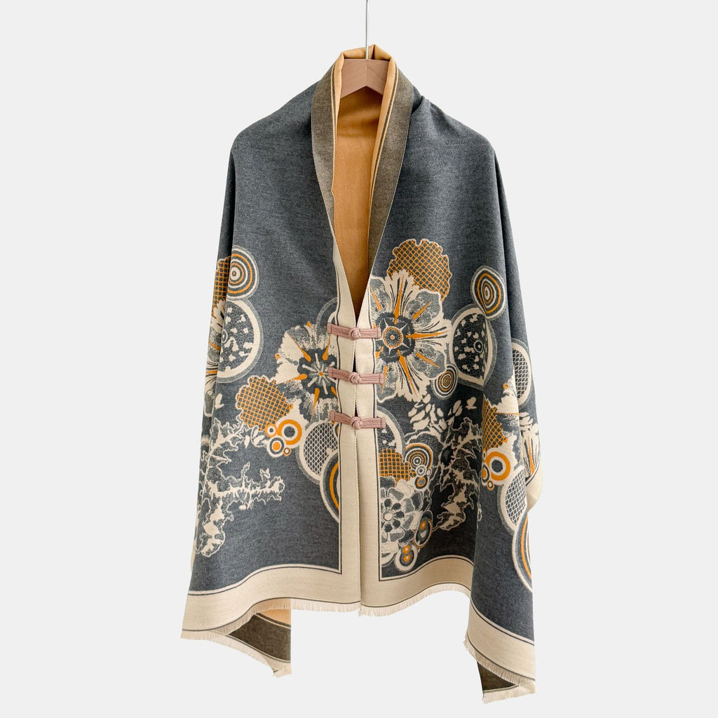 Vintage Knot-button Outerwear Jacquard Shawl by Ricaloux