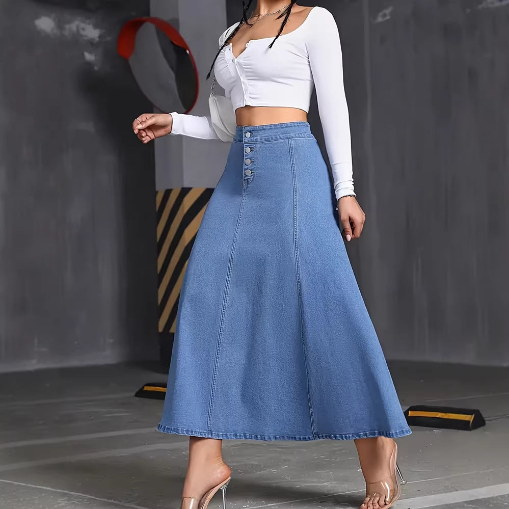 Womens Solid-Color Buttoned Hem Denim Skirt by Ricaloux