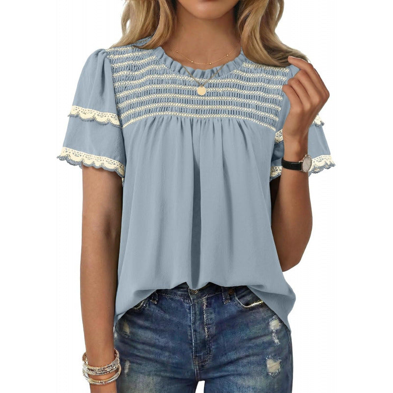 Womens Round-neck Ruffled Short-sleeve Blouse – Premium 0 | RICALOUX