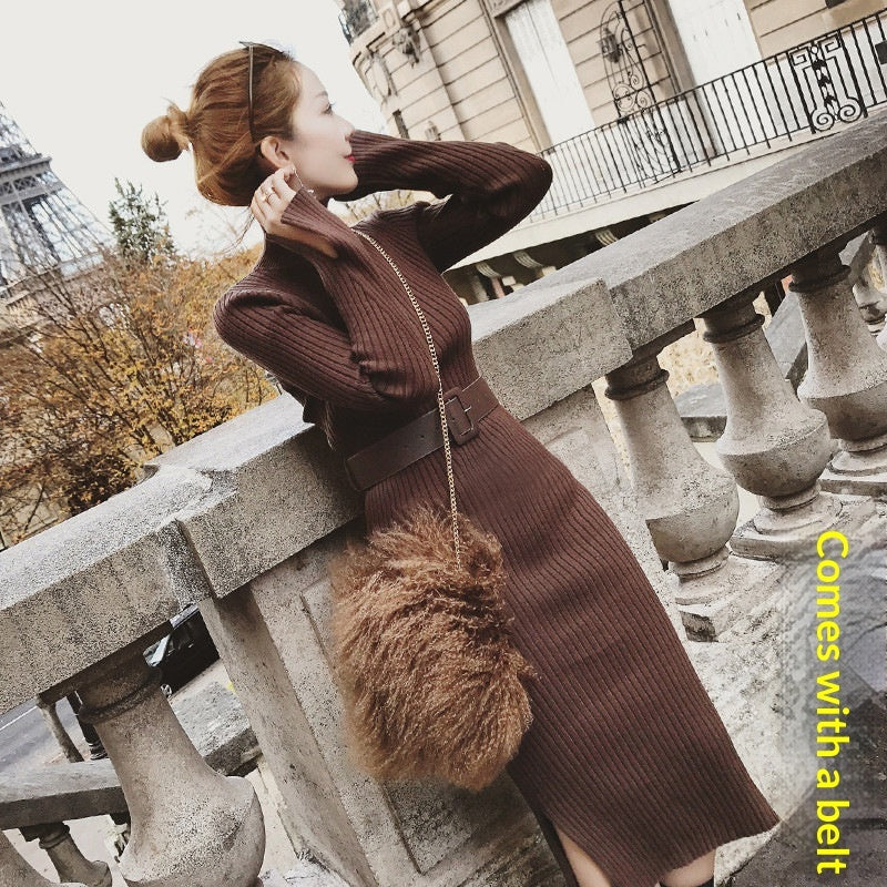 Turtleneck Knitted Split-front Dress by Ricaloux