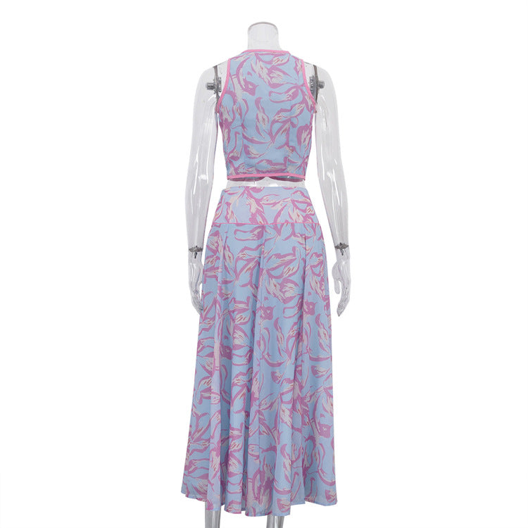 Abstract Print Sleeveless Crop Vest & Flared Midi Skirt 2-Piece Set – Premium 4 | RICALOUX