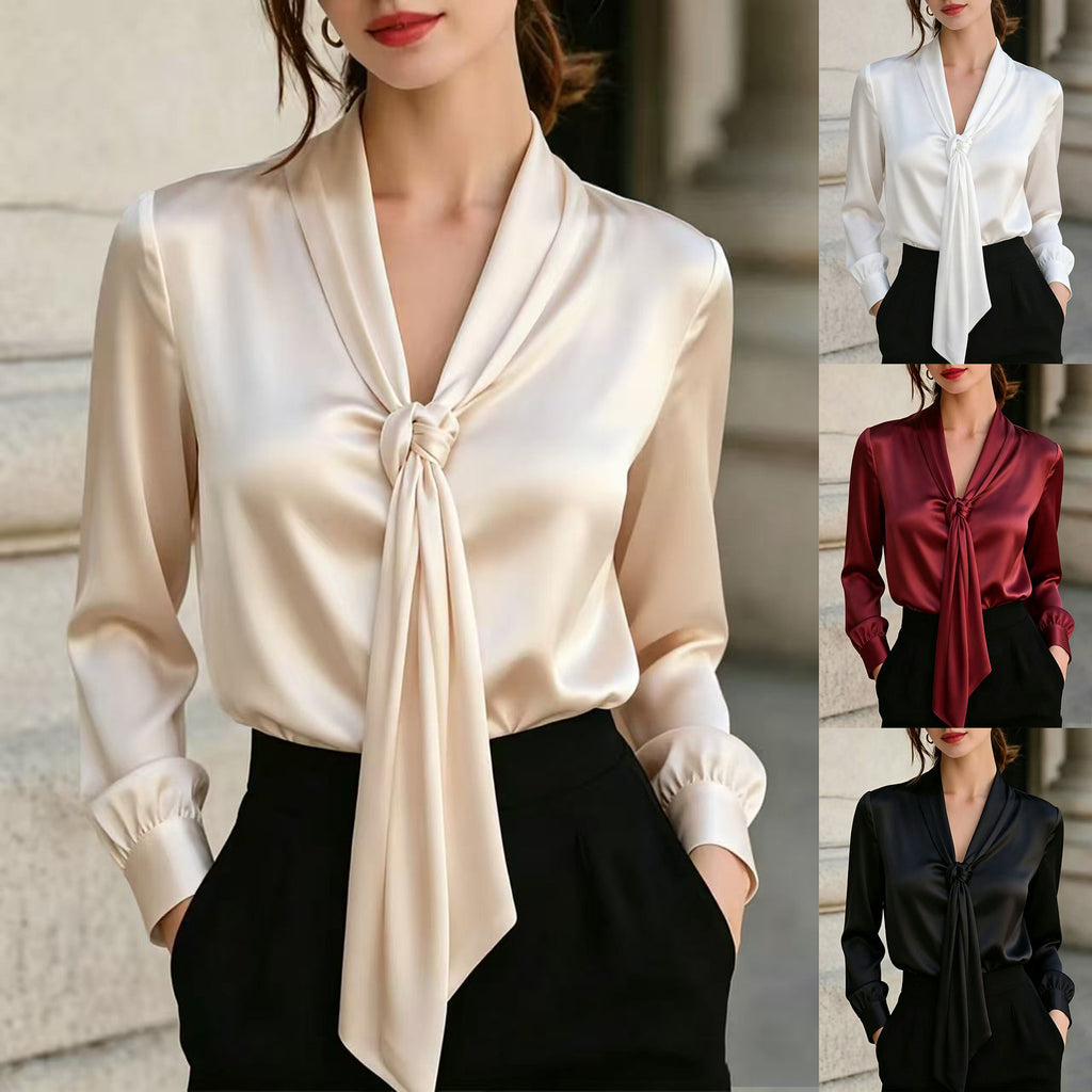 Satin Ribbon V-Neck Knotted Long-Sleeve Shirt For Women – Premium 0 | RICALOUX