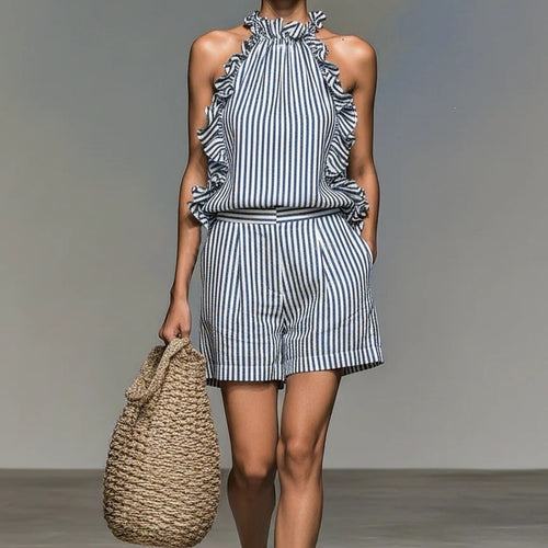 Casual Sleeveless Striped Lace T-shirt Top And Shorts by Ricaloux