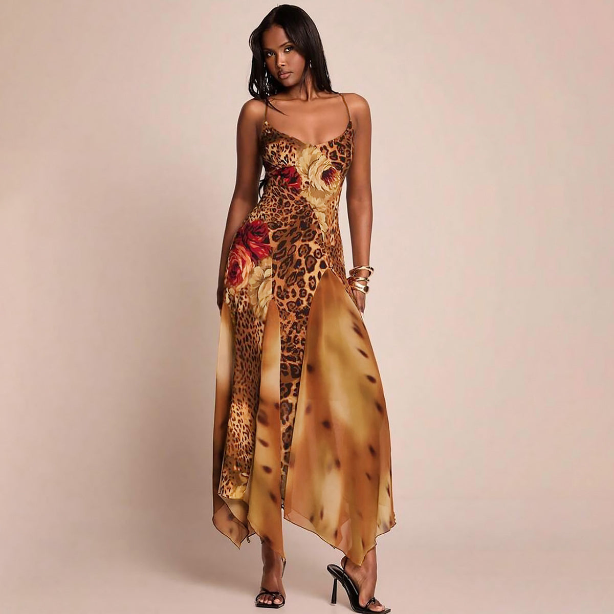 Mesh-panel Digital-print Camisole Dress by Ricaloux