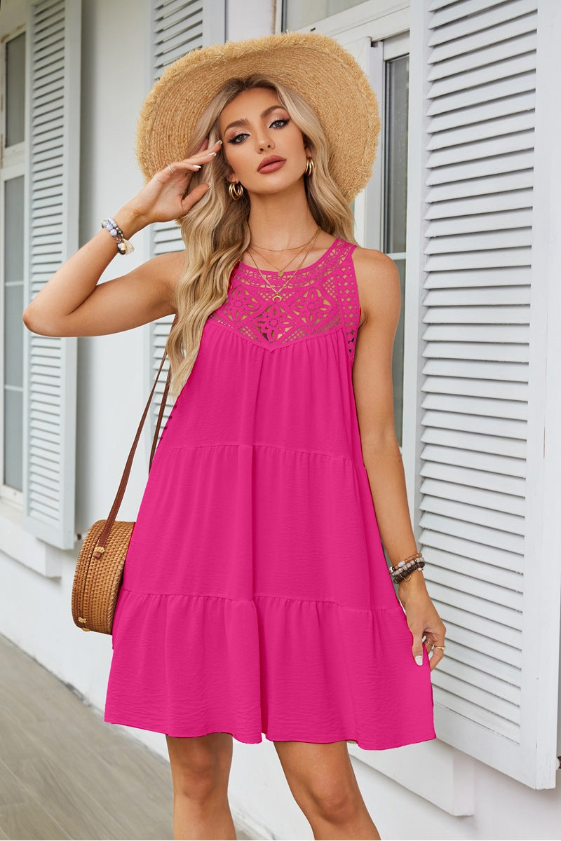 Womens Hollowed-Out Lace-Trimmed Halterneck A-Line Dress by Ricaloux