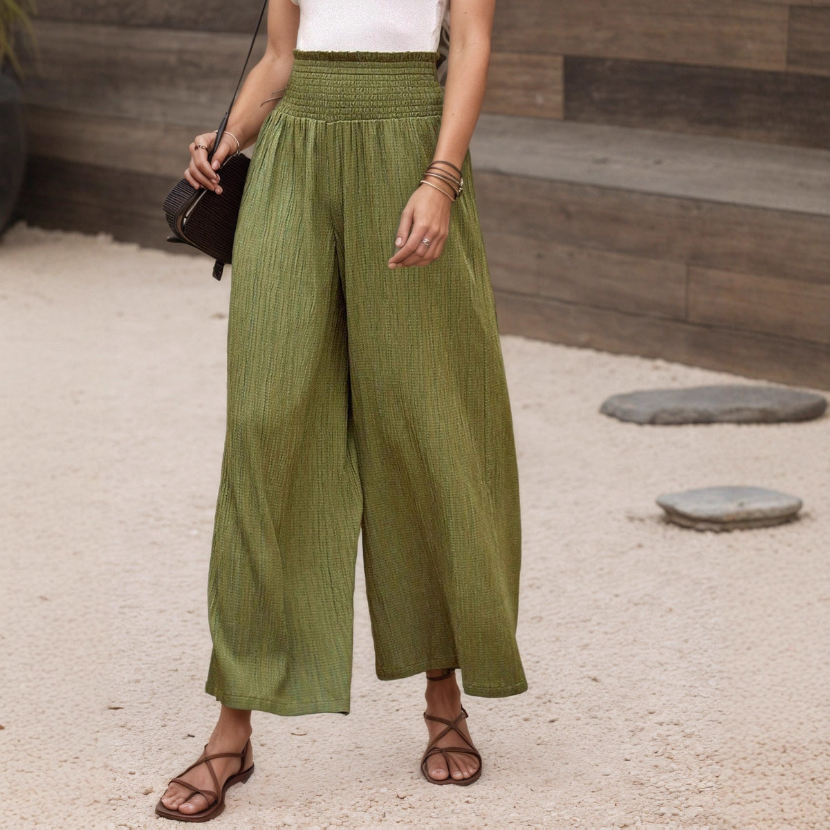Womens Solid Color High Waisted Casual Loose Fitting Wide Leg Pants by Ricaloux
