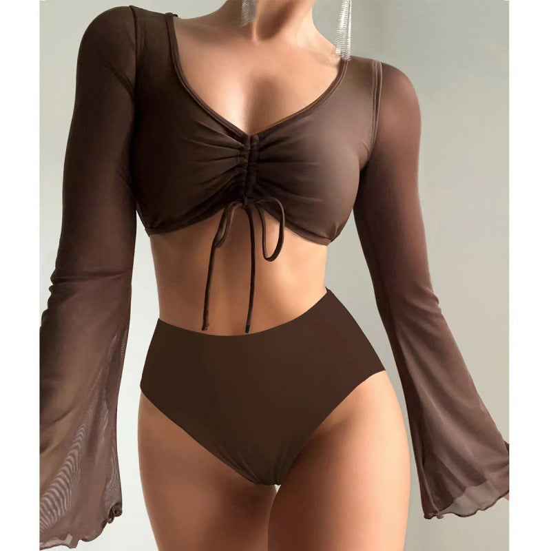 Solid-color High-waisted Modest Spliced Swimsuit With Mesh Panels – Premium 0 | RICALOUX