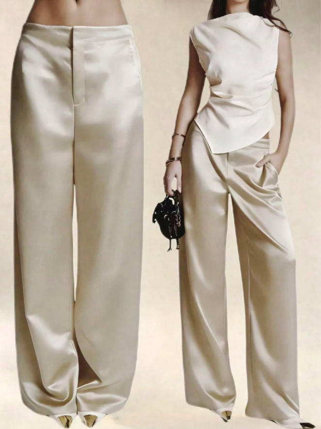 Womens Casual Solid-color Satin Wide-leg Pants by Ricaloux