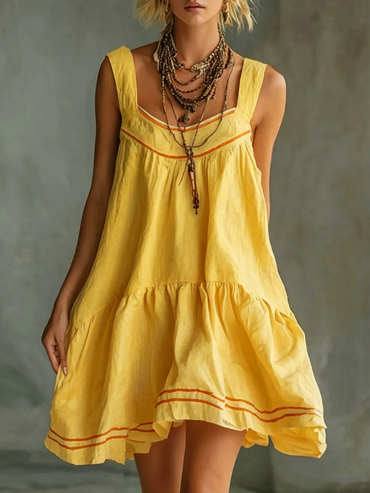 New Retro Casual Chic Embossed Comfortable Solid-color Cotton-linen Mini Slip Dress by Ricaloux