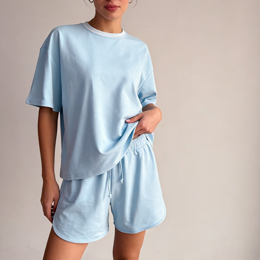 Womens Loose-Fit Pullover Short-Sleeve T-Shirt Sports Shorts Set by Ricaloux