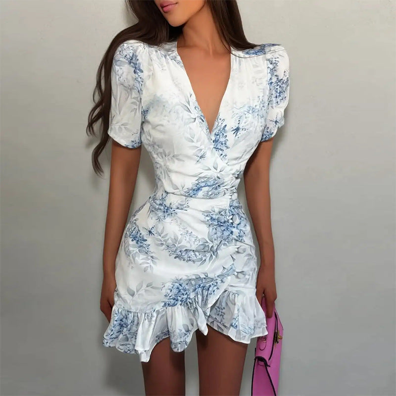 Sweet And Fresh V-neck Printed Ruffled Dress by Ricaloux
