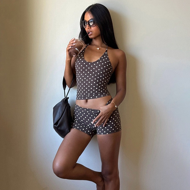Halterneck Off-Shoulder Top With Polka-Dot Print And Low-Rise Shorts Set – Premium 0 | RICALOUX