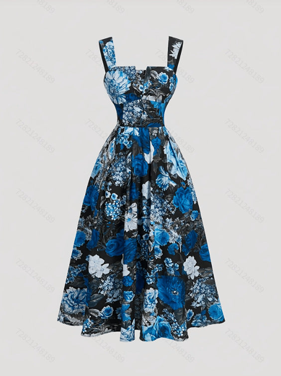 Long Cable-knit Dress With Blue And White Floral Print by Ricaloux