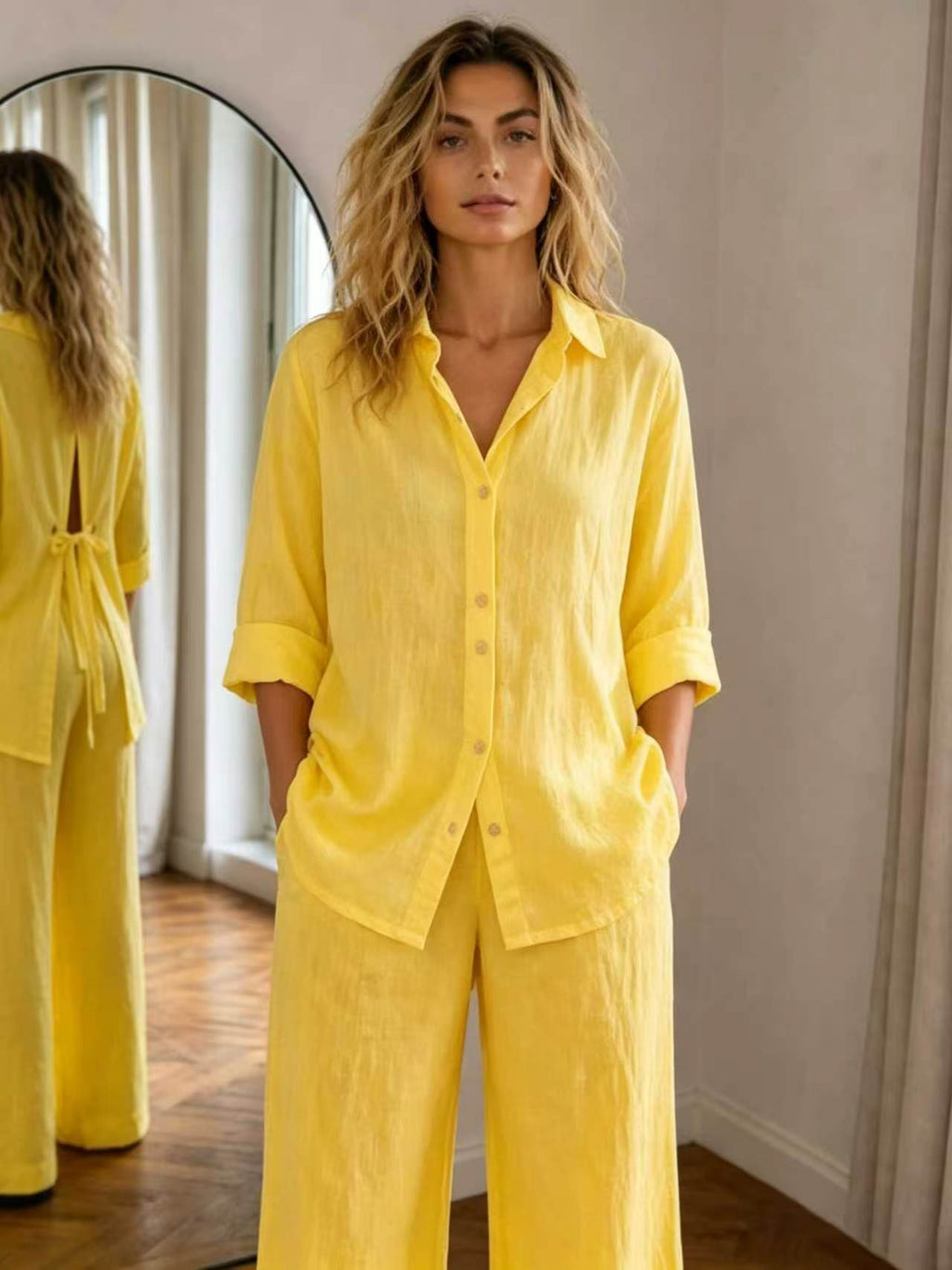 New Casual Solid-Color Trousers Summer Loose Single-Breasted Crepe Shirt Set by Ricaloux