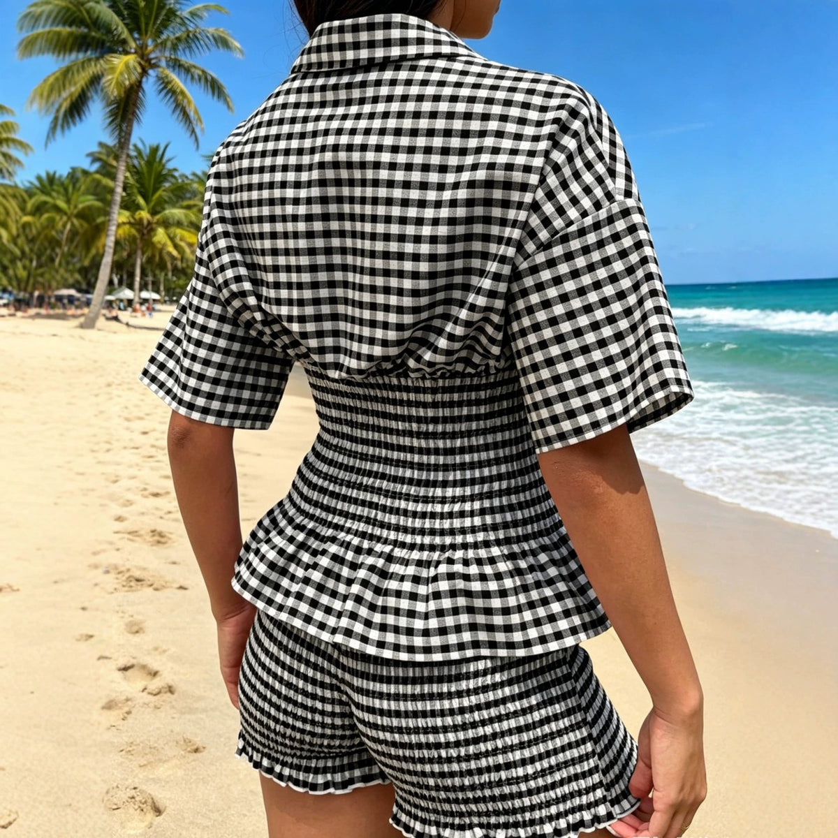 Notch-collar Plaid Puff-sleeve Suit For Women by Ricaloux