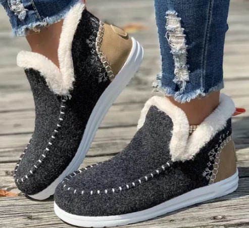 Fleece-lined Thick Plush Boots Warm Sewing Flat Cotton Shoes Winter Ankle Boot - RICALOUX