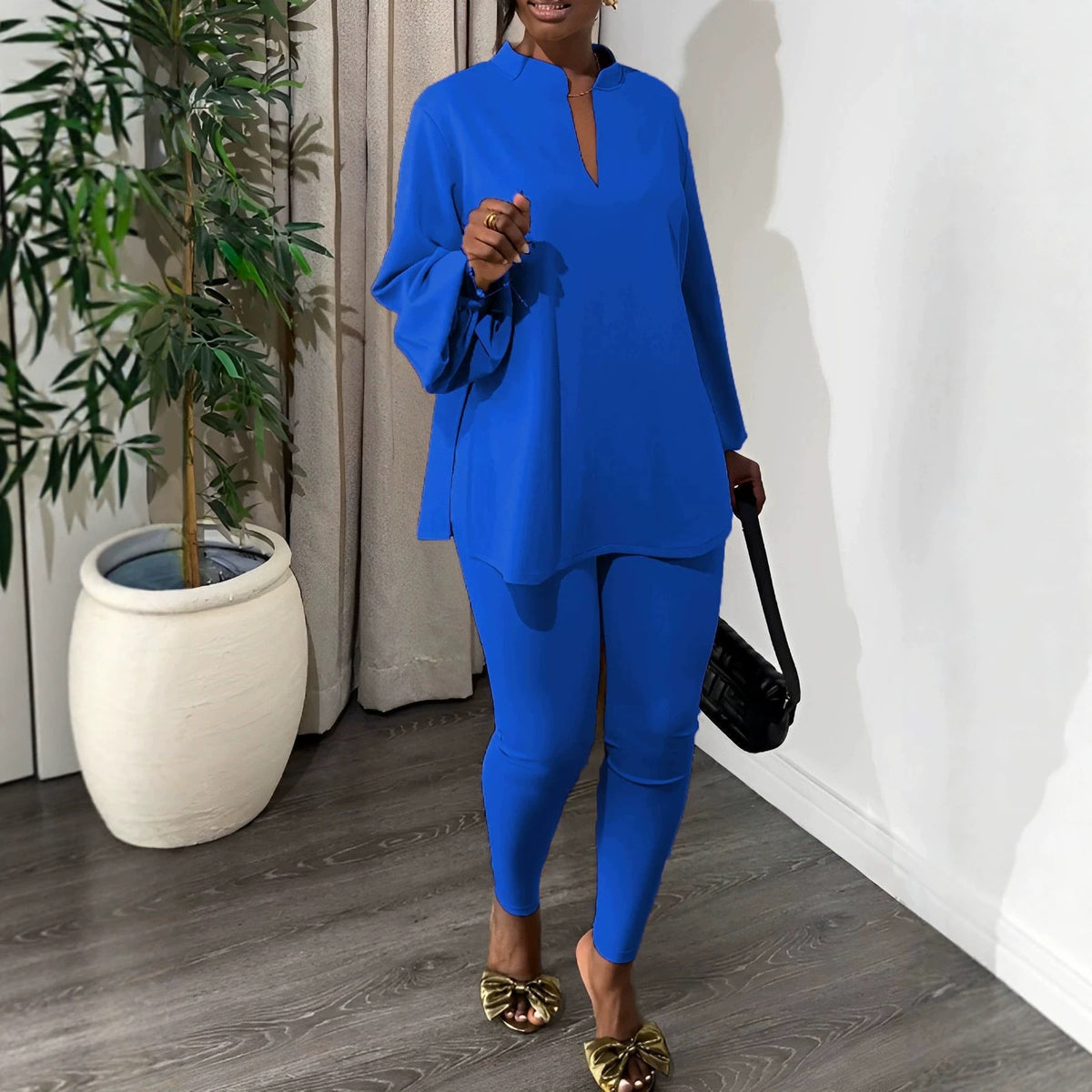 New Solid Color Split V-Neck Top & Skinny Pants Elegant Two-Piece Outfit by Ricaloux