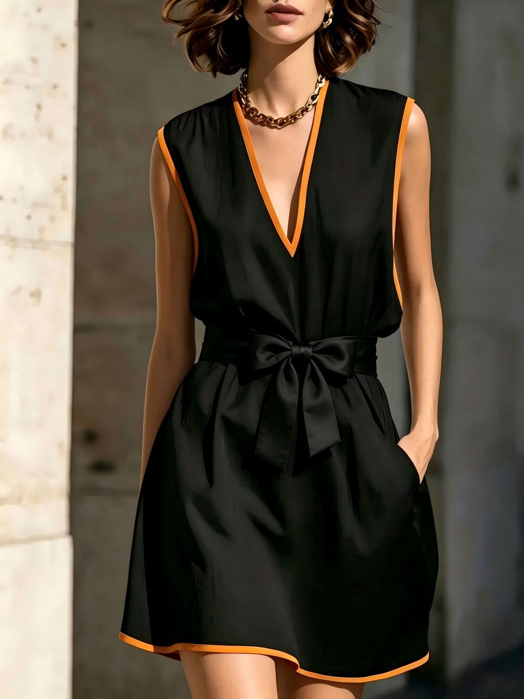 Sleeveless V-neck Waist-cinching Lace-up Dress For Women – Premium 0 | RICALOUX