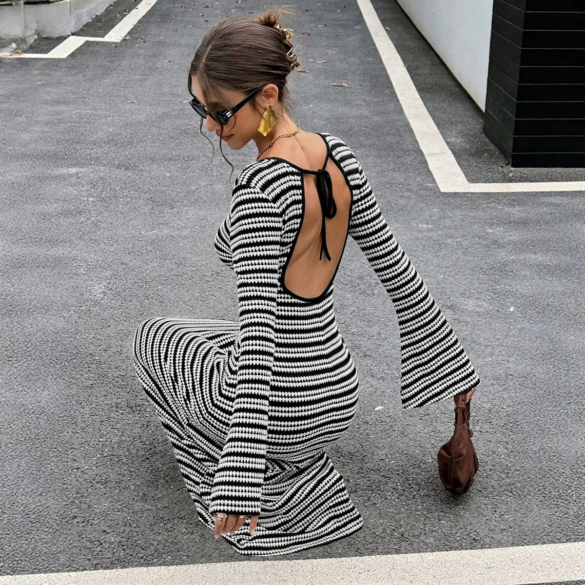 New Round-neck Bell-sleeve Backless Striped Knit Dress – Premium 0 | RICALOUX