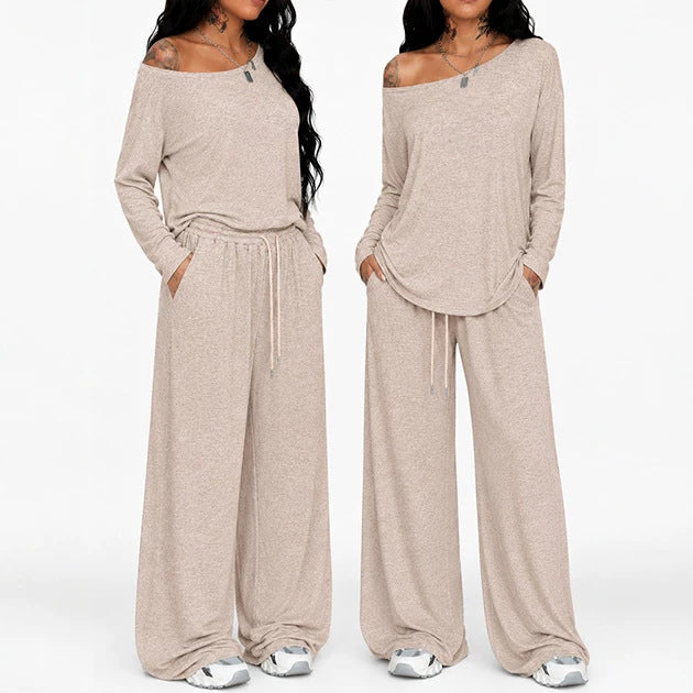 Womens Casual Loose-Fit Off-Shoulder Wide-Leg Pants Set by Ricaloux