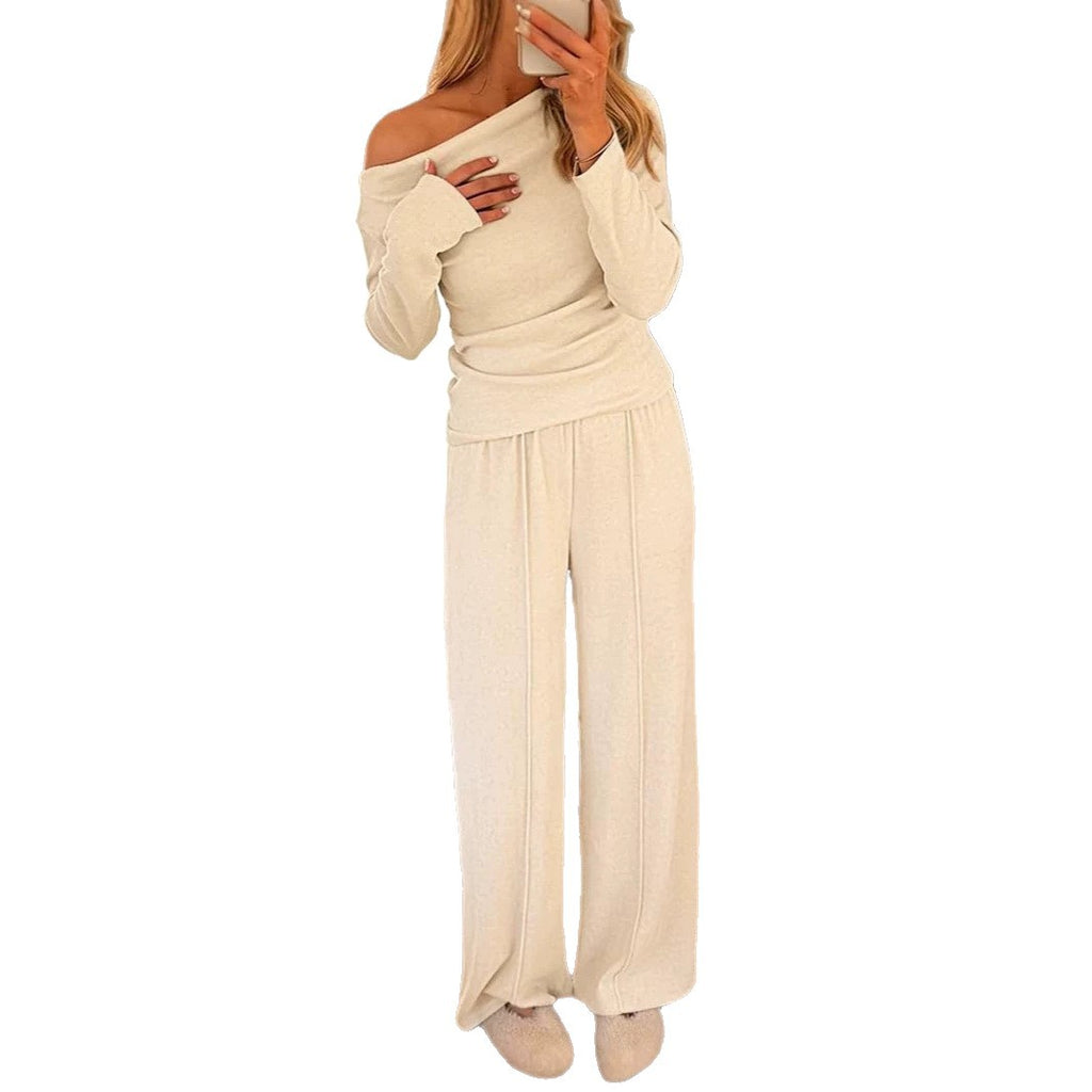 Womens Knitted Long-sleeve Off-shoulder Top And Wide-leg Pants Set by Ricaloux