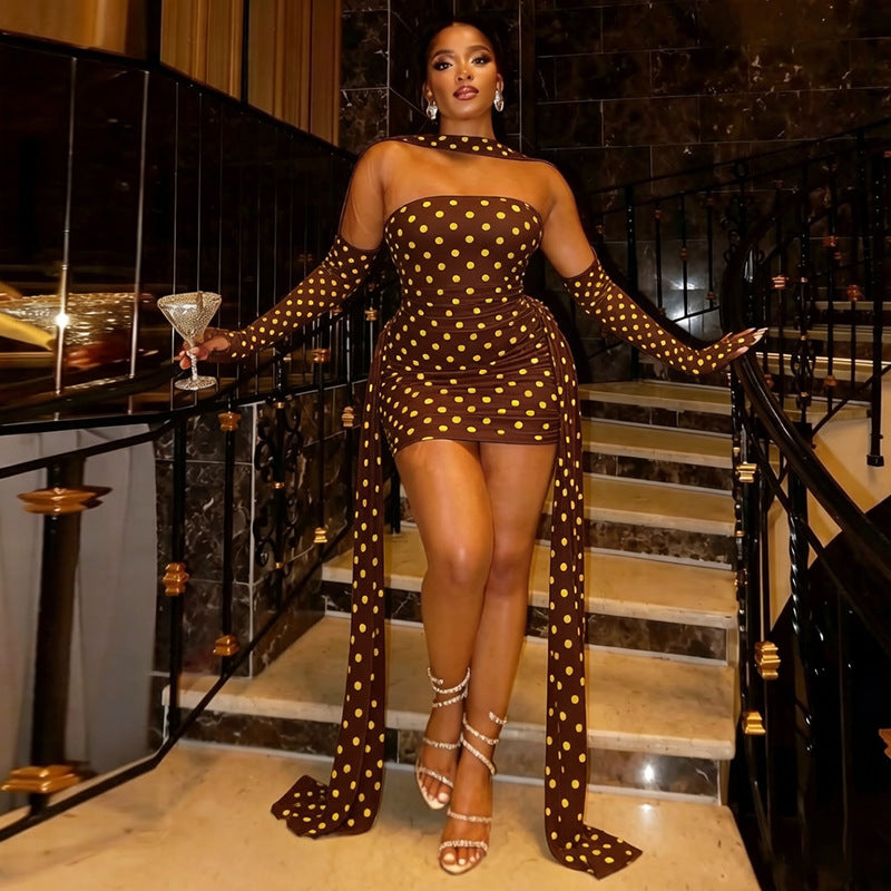 Polka-dot Halter-neck Dress With Flowing Ribbons Figure-flattering And Body-hugging by Ricaloux