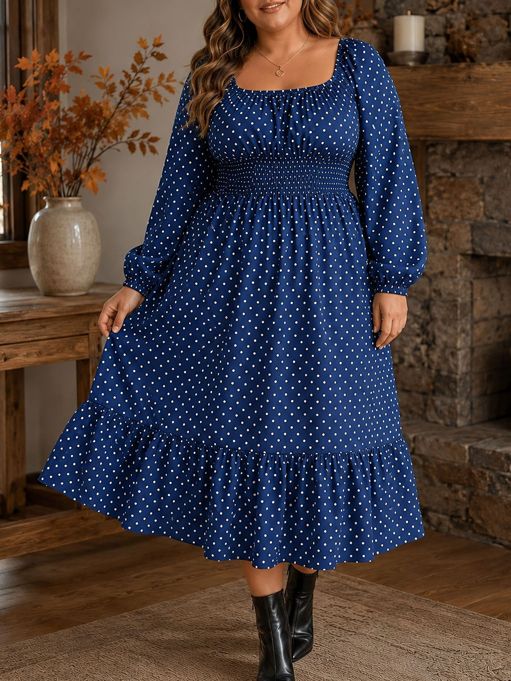 Polka-dot Plus-size Womens Dress Puff-sleeve Boat-neck Dress For Curvy Figures by Ricaloux