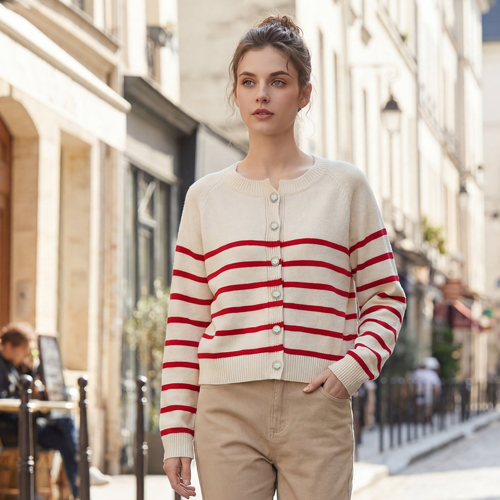 Women's Striped Knit Cardigan Red White Crewneck Button Up Sweater Coat Casual Long Sleeve Knitwear by Ricaloux