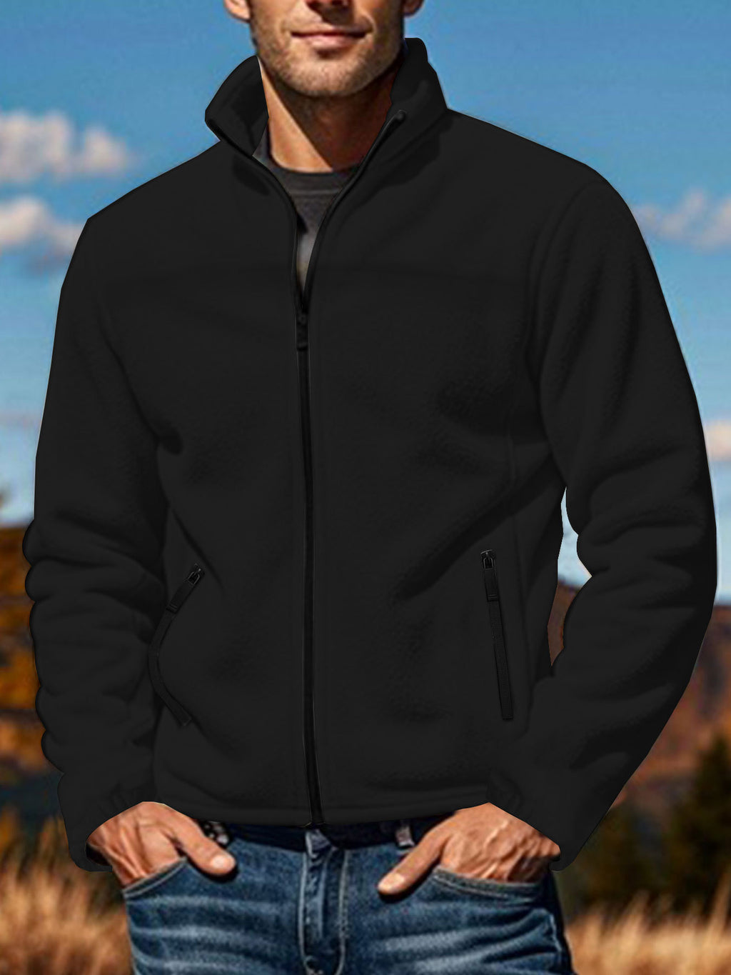 Men's Polar Fleece Jacket Outdoor Zipped Stand Collar Coat - RICALOUX