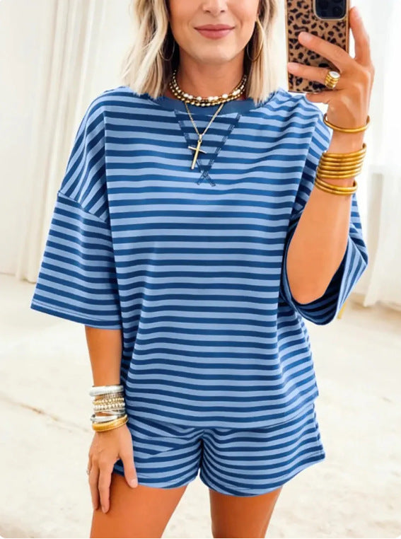 Womens Short-Sleeve Striped Print Two-Piece Set by Ricaloux