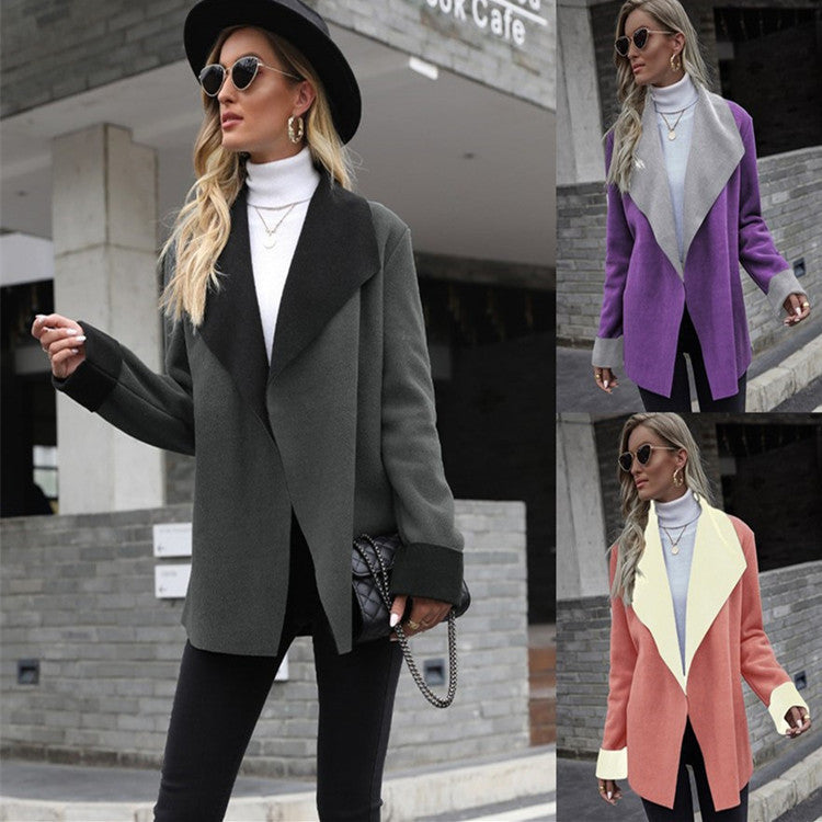 Notch-lapel Contrast-color Long-sleeve Wool Blazer by Ricaloux