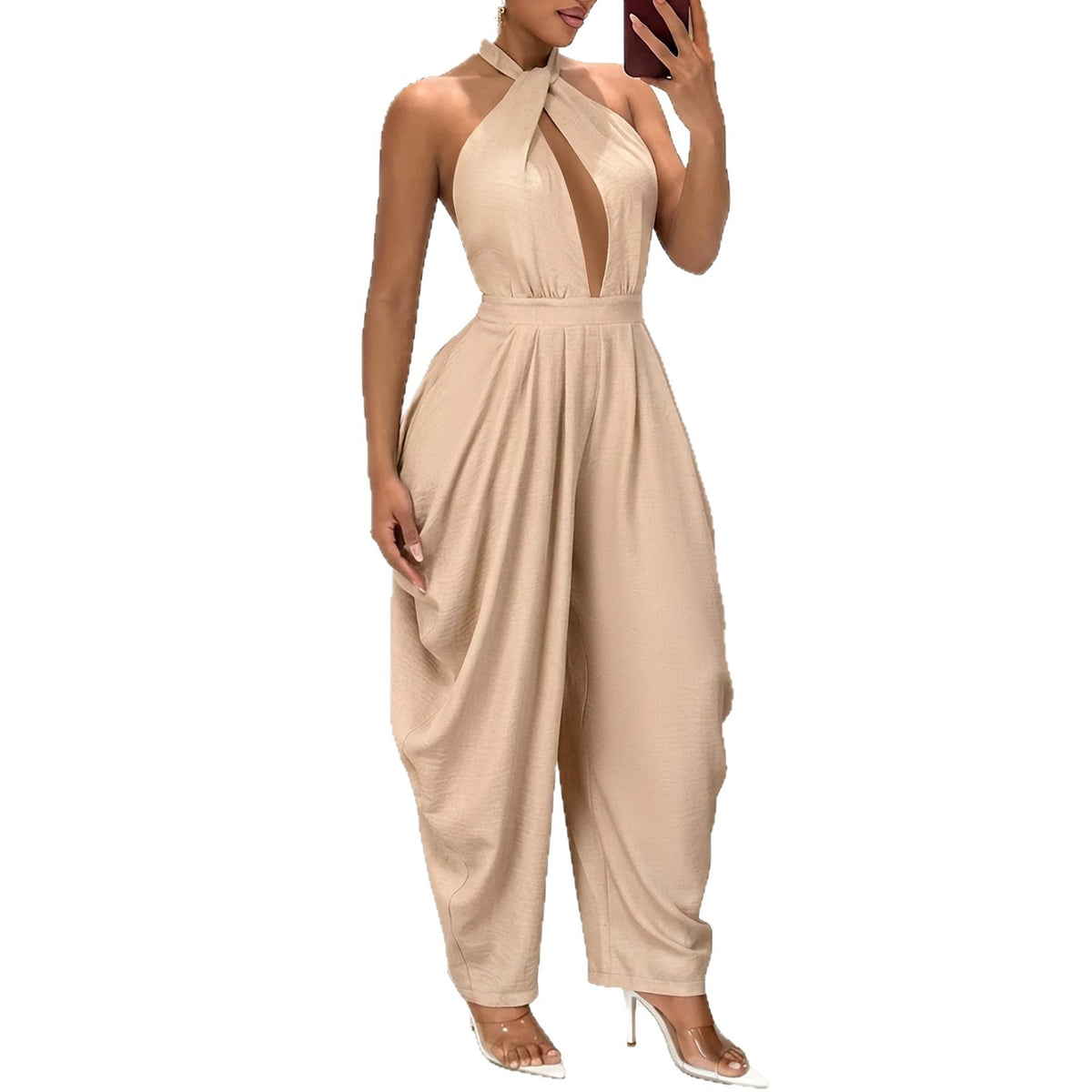 Halter-neck Crossover Backless Jumpsuit With Pleated Wide-leg Harem Pants – Premium 0 | RICALOUX