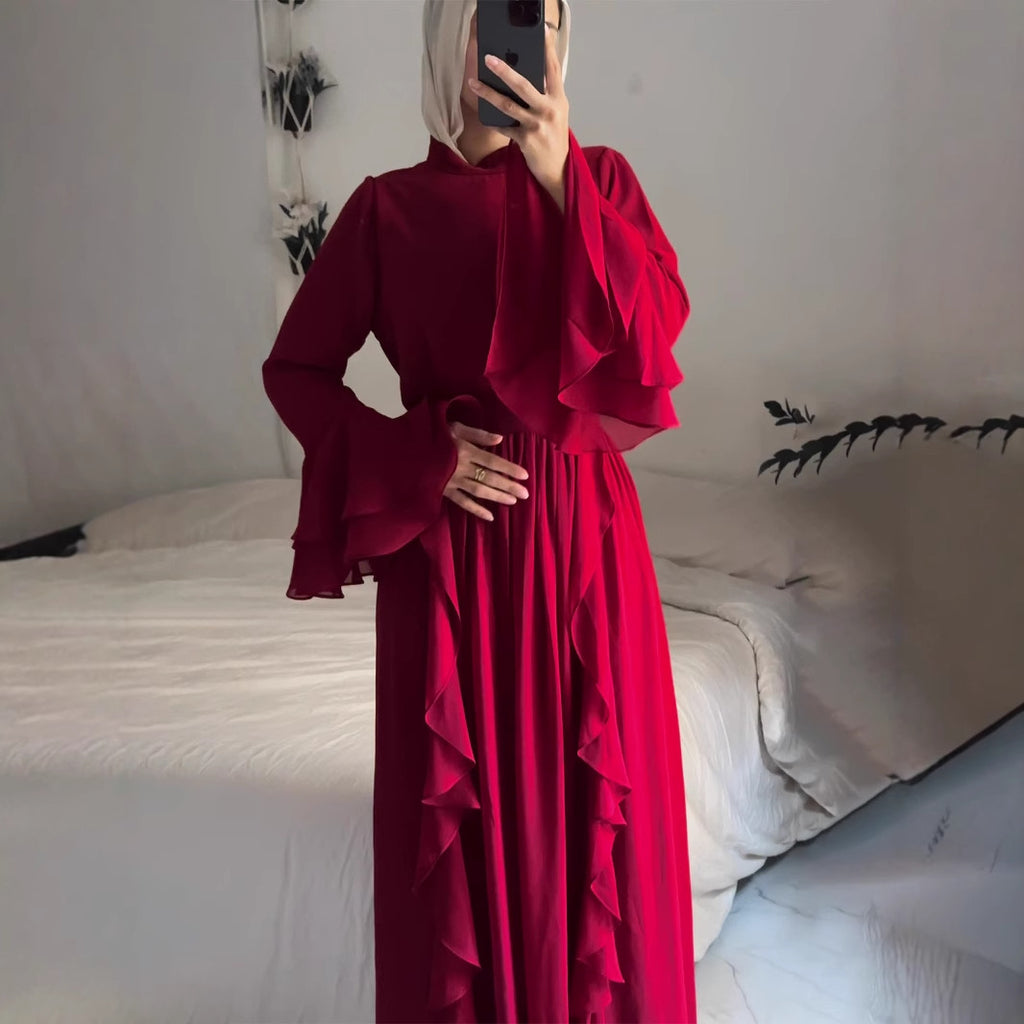 Chiffon Long Dress With Ruffled Trim And Panel Stitching by Ricaloux