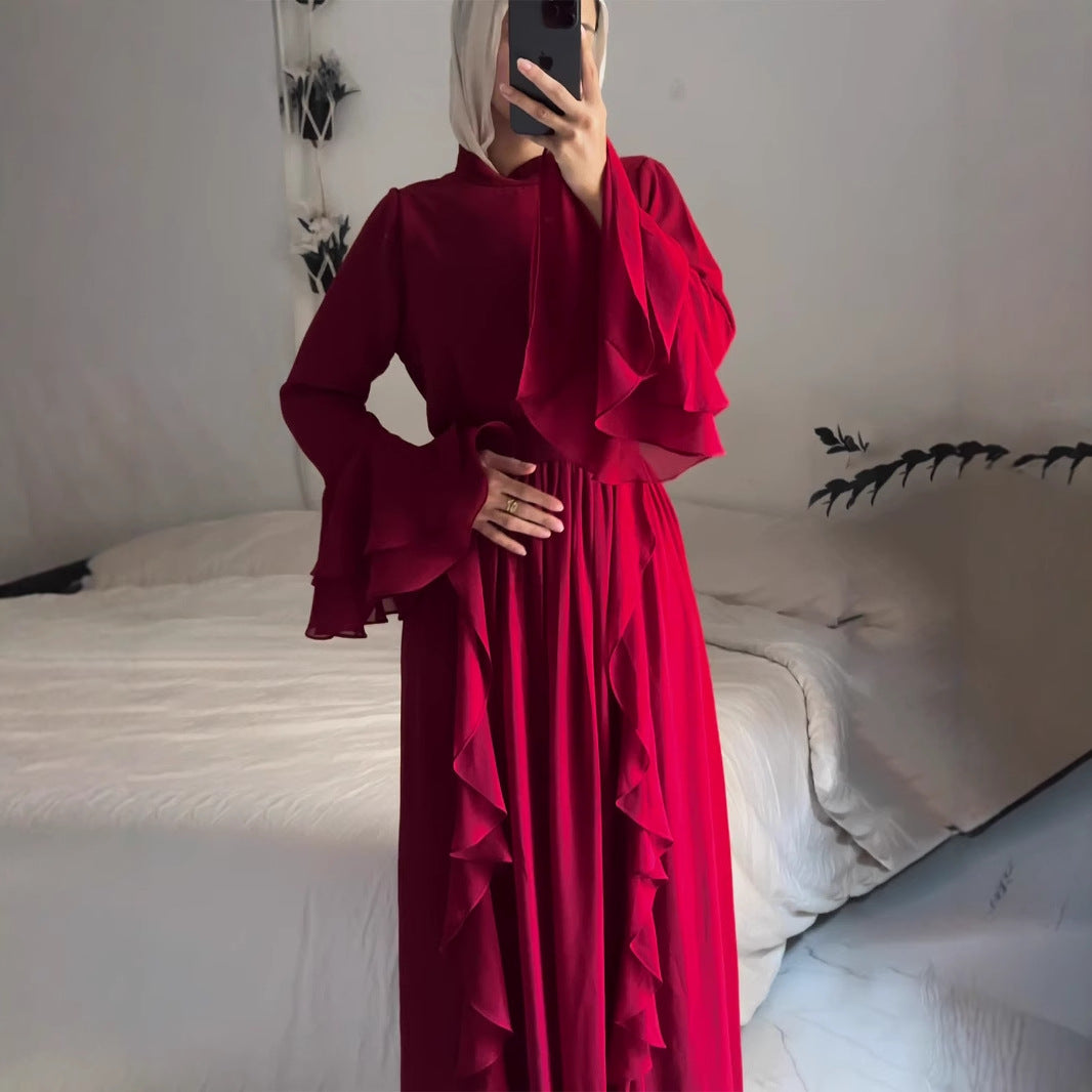 Chiffon Long Dress With Ruffled Trim And Panel Stitching by Ricaloux