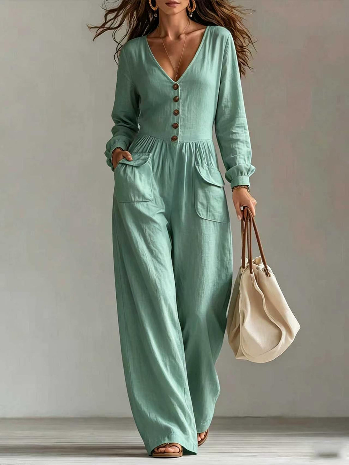 New Autumnwinter Casual Chic Womens V-neck Long-sleeve Jumpsuit With Pockets – Premium 0 | RICALOUX