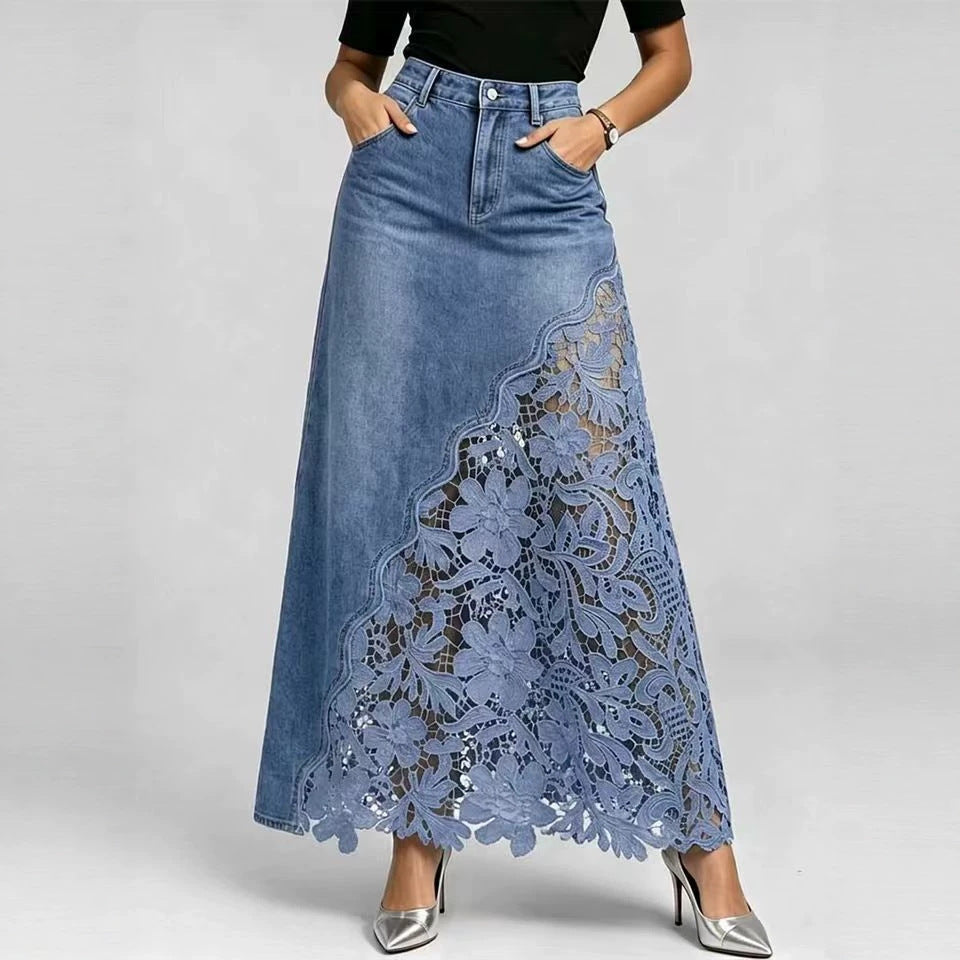 Washed Denim Lace-Panel Long Bodycon Skirt by Ricaloux