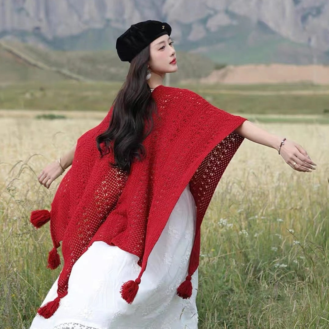 Womens Knitted Tassel-Trimmed Open-Front Cape For Photos – Premium 0 | RICALOUX