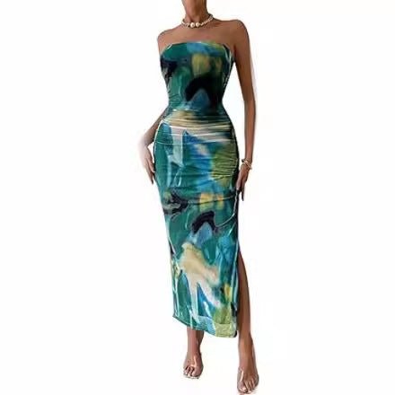 Women's Clothing Slit Hemline At Hem Sleeveless Printed Dress - RICALOUX