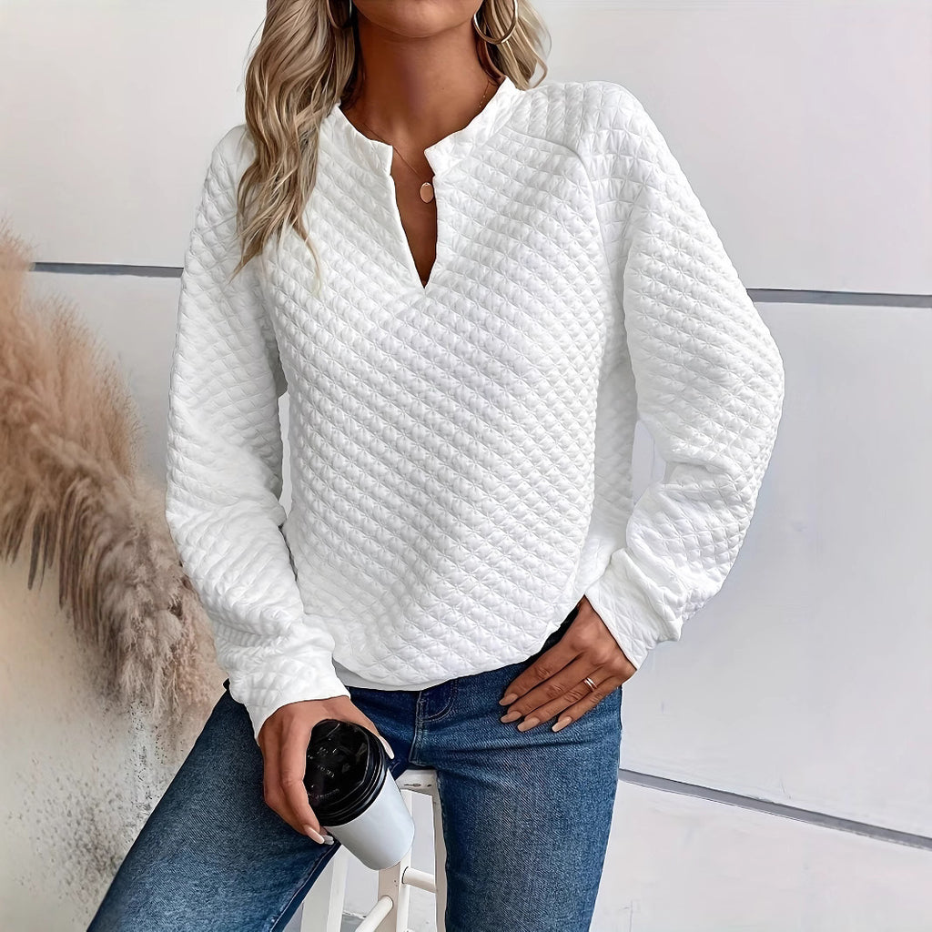 Womens Solid-Color Deep V-Neck Spliced Long-Sleeve Top by Ricaloux